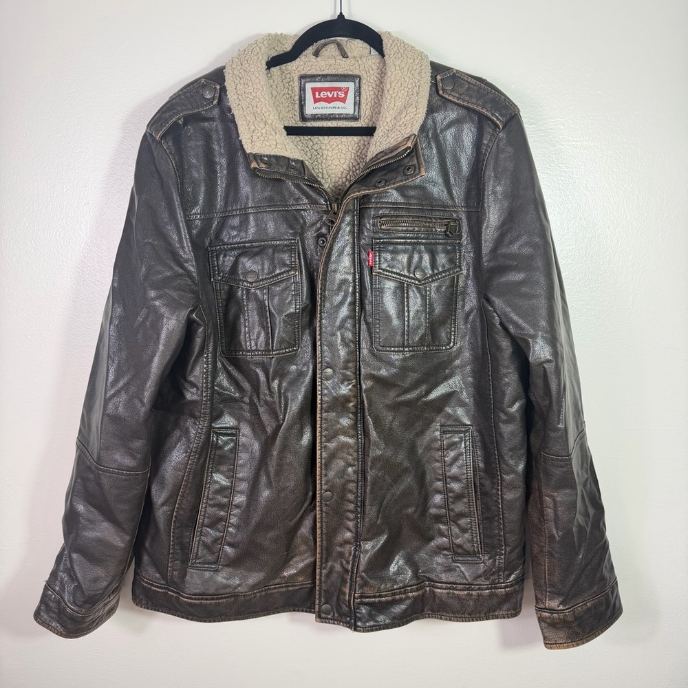 Levi's Men's Sherpa Lined Faux Leather Distressed Brown Aviator Bomber jacket